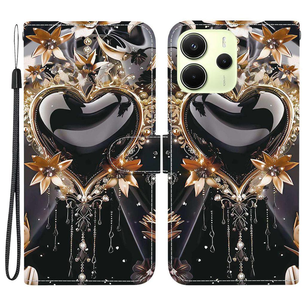 Для Xiaomi Redmi Note 14 4G (163,25 мм) Кожаный чехол-кошелек с принтом, подставка, чехол для телефона с ремешком