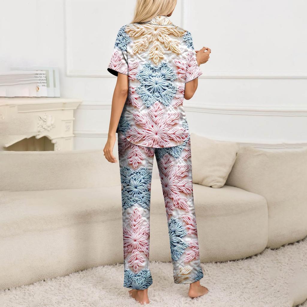 Женский рождественский пижамный комплект с принтом, женские короткие рукава, длинные брюки, комплект из двух предметов, застегивающийся на пуговицы, домашняя одежда