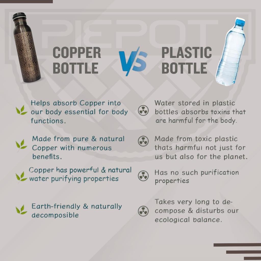 Медная бутылка для воды 1 л | Медная бутылка для воды с набором стаканов | Работа Минакари | 100% чистая | Герметичная | 2 стакана для воды по 300 мл каждый