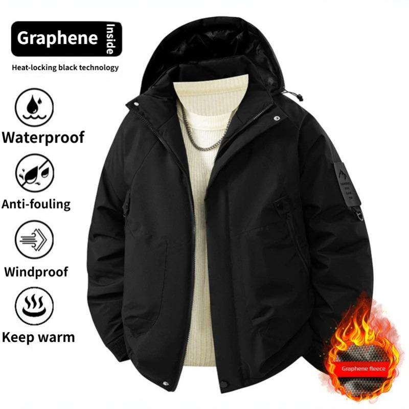 Winter new outdoor graphene heated jacket, men's cotton jacket, hooded windproof cotton jacket, fleece-lined thickened cold-resistant jacket