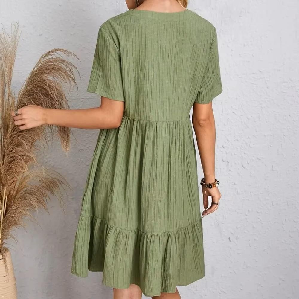 Женские летние платья Весна V-образный вырез короткий рукав свободный пуловер однотонный с оборками покрой расклешенный отпуск
