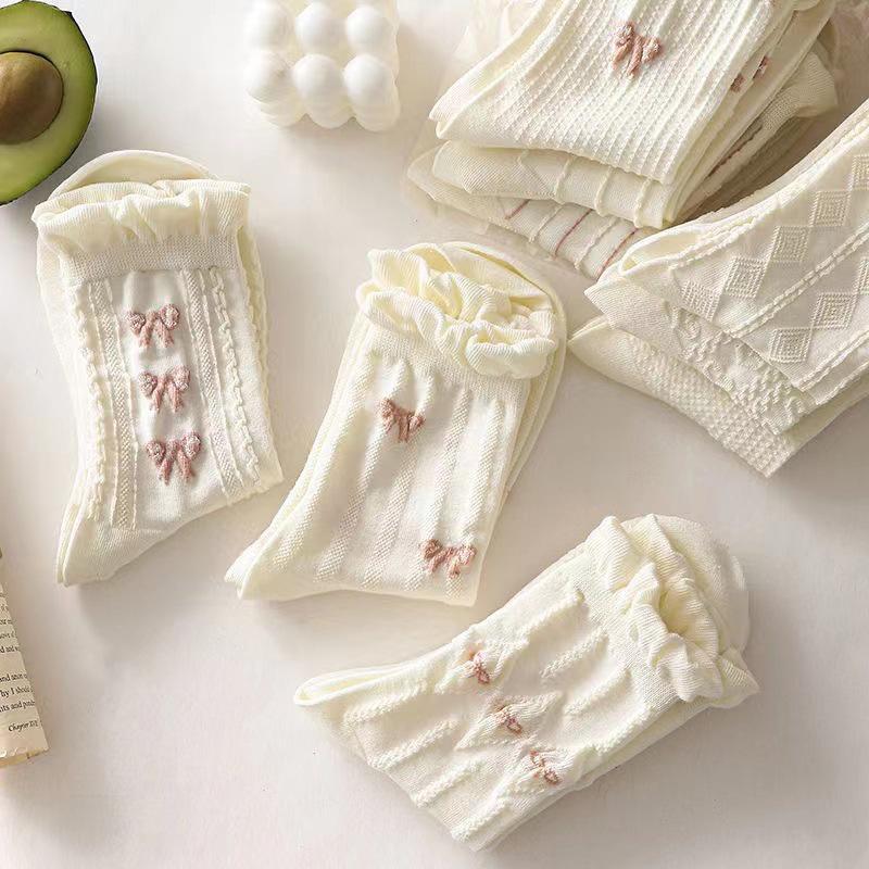 Корейские носки средней длины с розовым бантом и принтом, хлопковые носки JK Lolita с кружевными оборками для девочек, белые летние носки Kawaii Harajuku