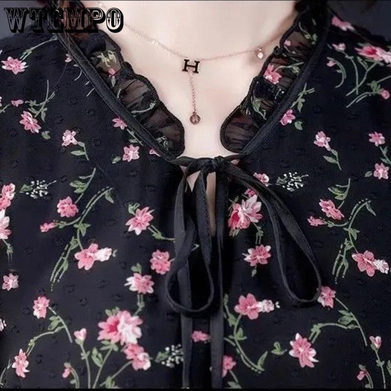 Весенне-осеннее женское платье, шифоновая блузка, женское летнее платье с длинными рукавами и цветочным принтом, юбка с большой нижней частью