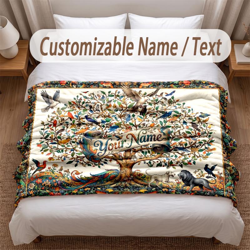 Tree of Life Theme Soft Blanket Personalized Custom Name Text Print Warm Blanket Home Sofa Bedroom Decor