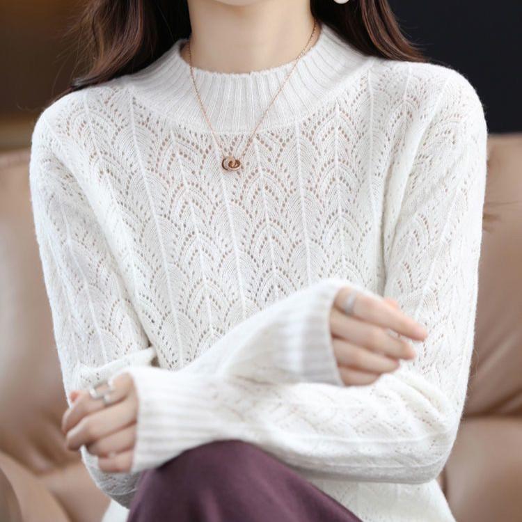 Spring Autumn Mock-neck Pullover Sweater for Women Hollow Out Knitwear Jumpers Female Pull Femme Top