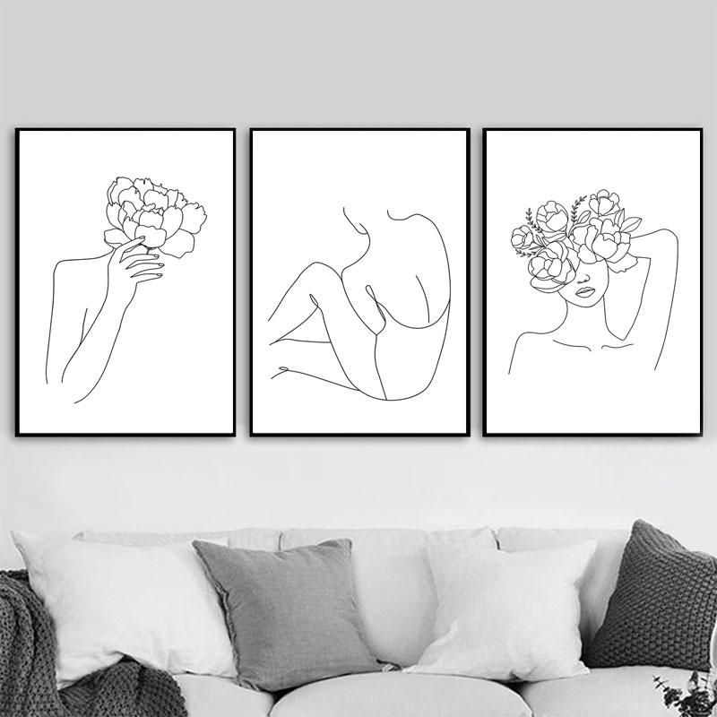 Цветок женщина лист растение линия абстрактные скандинавские постеры и принты Современная настенная живопись на холсте настенные панно Декор в гостиную