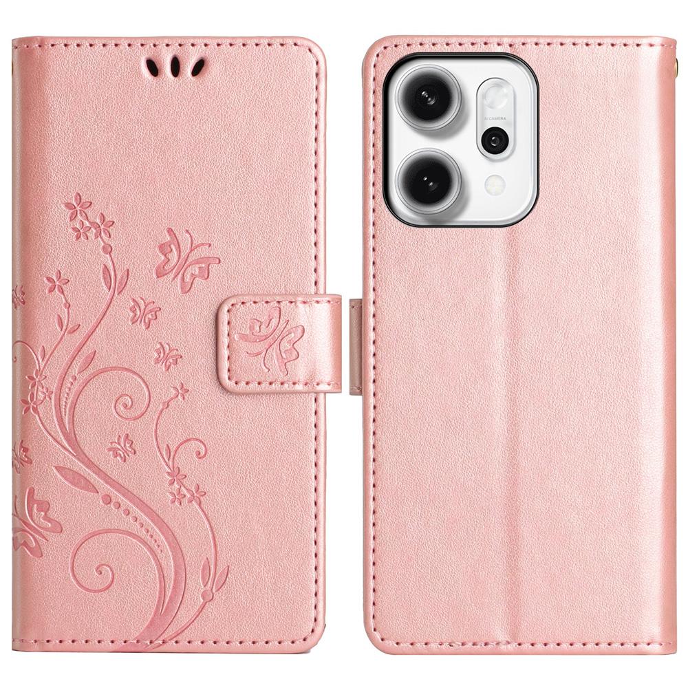 For Oppo Reno14 Pro 5G (Global)/Reno13 Pro 5G Leather Wallet Case Butterfly Flower Imprint Phone Cover with Strap