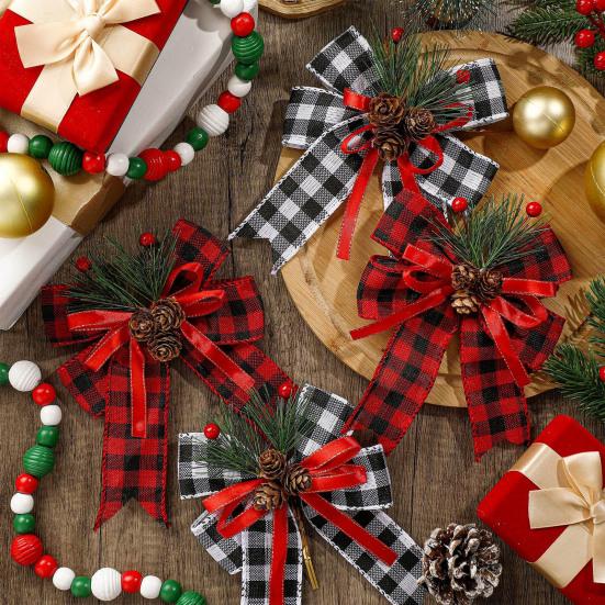 Рождественские банты с сосновыми шишками, сосновыми иголками, банты из ленты в клетку буффало, украшение для рождественской елки, венка, для упаковки подарков