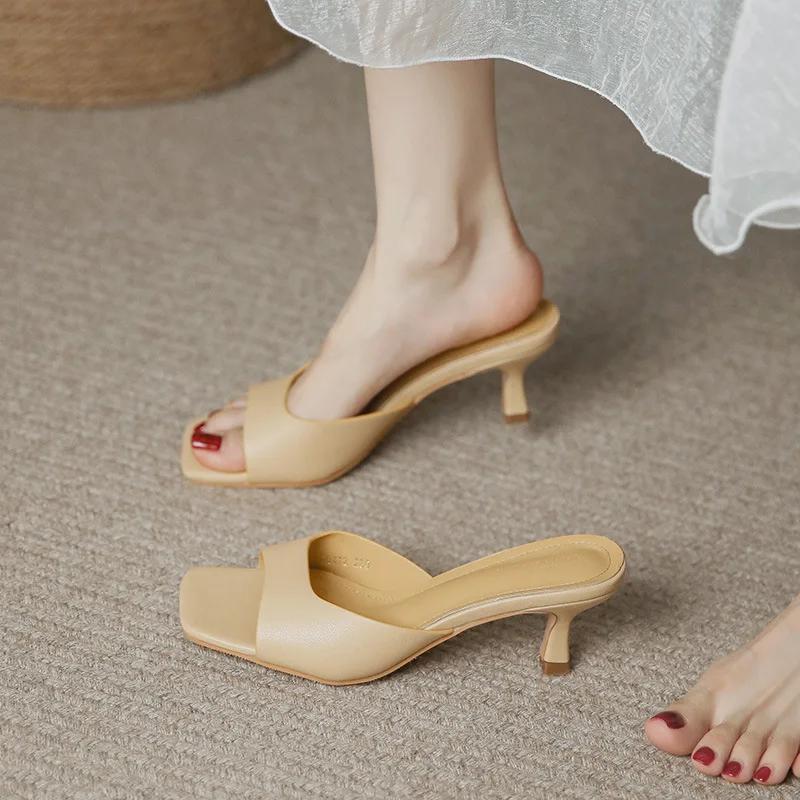 Fashion Bout carré talon haut été en cuir balle série sandales à talons aiguilles pantoufles pour femmes