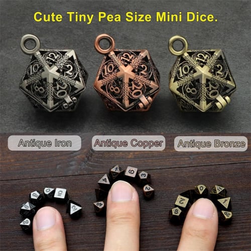 Polyhedral Dice Set, Metal D&D Dice Set, Bronze Hollow D20 Dice Set with Necklace Dice Case, Antique Tiny Metal Dice Set for D&D Portable Roleplaying