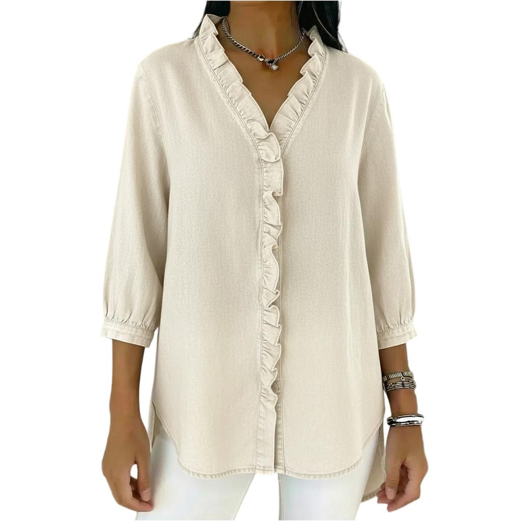 Женская модная повседневная джинсовая блузка с V-образным вырезом и оборками