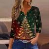 Women's Fashionable Casual Christmas Printed V-neck Three-quarter Sleeve Decorated Button Top