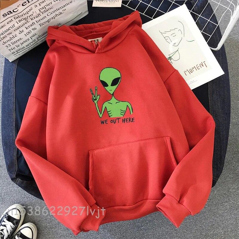Alien WE OUT HERE Print Oversized Sweatshirt Women Kawaii Hoodies Clothes Hoody Jacket Long Sleeve Harajuku Aesthetic Tops Unisex Hoodie