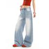 Женские летние джинсы средней голубой расцветки в стиле ретро, с эффектом варки и потертостями, прямого кроя, с широкими штанинами