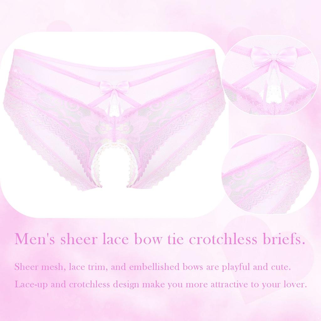 Men Sexy Lace Lingerie Knicker Briefs Sissy Underwear Bowknot Crotchless Panties Underpants Nightwear