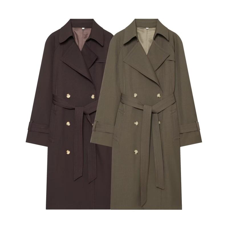 2025 Fall Womens Long Trench Coat Notched Lapel Double Breasted Belted Slim Waist British Style Solid Color Casual