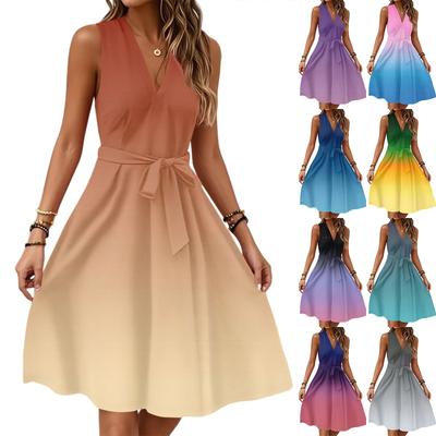 Женское весенне-летнее повседневное миди-платье без рукавов с V-образным вырезом, приталенное, с градиентным принтом