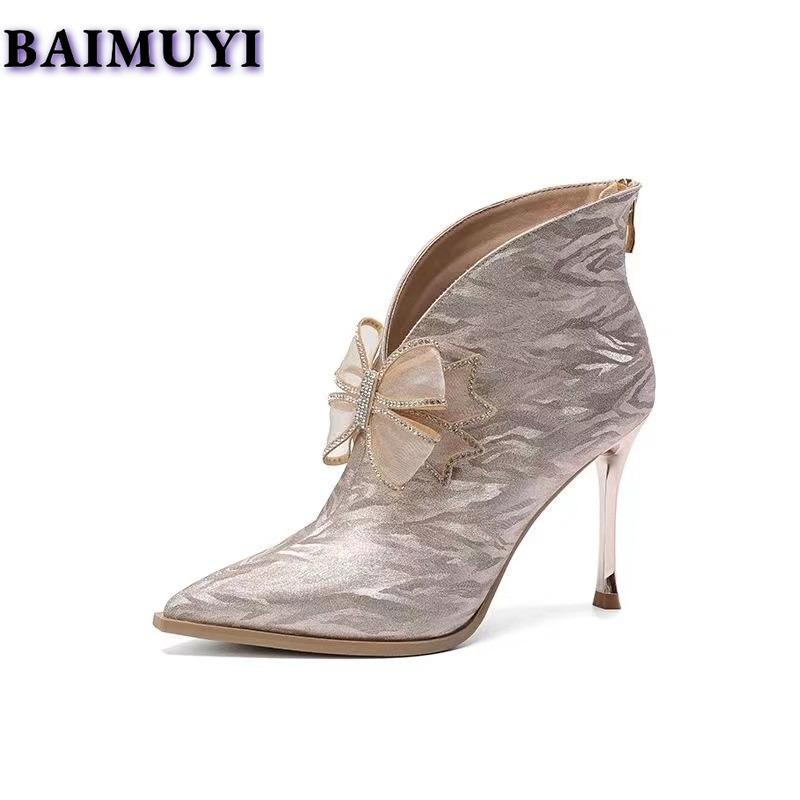Женские выпускные роскошные ботильоны на высоком каблуке с острым носком и хрустальным бантом, элегантные туфли 2025 года, новые сексуальные туфли-лодочки Botas Mujer