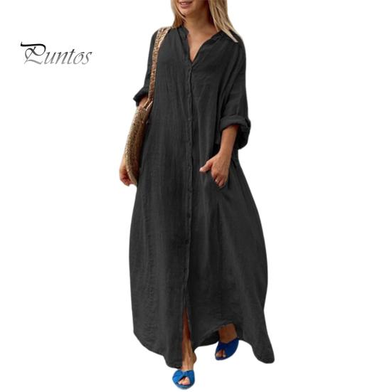 Spring Summer Women Dress Plus Size Loose Pure Color Single-breasted Pockets V Neck Long Sleeves Split Hem Soft Breathable Casual Ankle Length Maxi