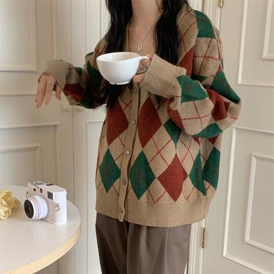 Свитер в клетку с бриллиантами, женский зимний корейский винтажный свободный кардиган, свитер, пальто, повседневный вязаный толстый кардиган с длинными рукавами