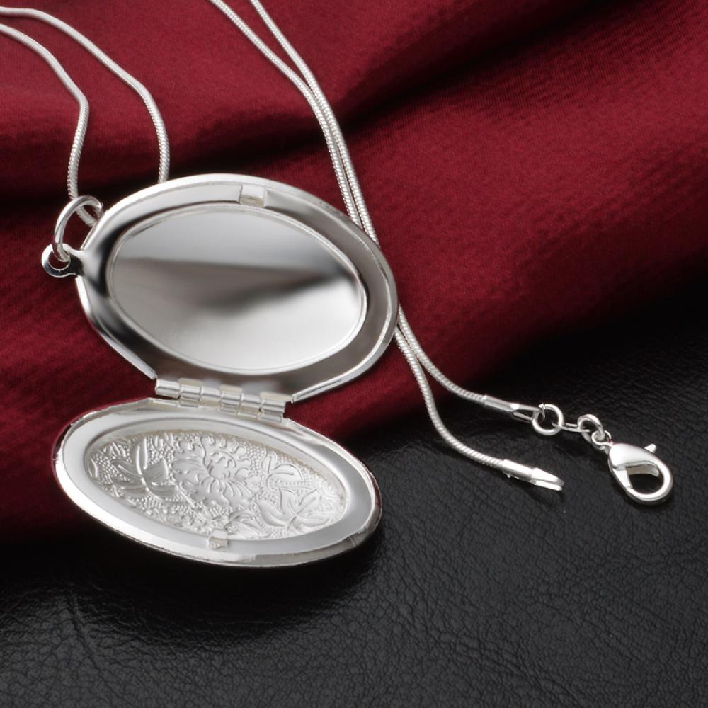 Fashion Sanke Chain Women’s Necklace Photo Locket Round Box Pendant Silver Plated