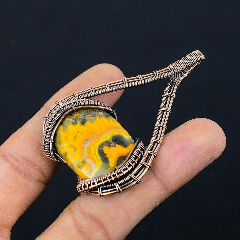 Шмель Джаспер Драгоценный камень Чистая медная проволока Обернутый дизайнерский кулон ручной работы Ювелирный подарок