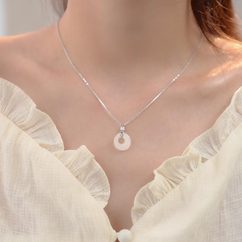 Safety Buckle Necklace Women's Light Luxury Niche Design Imitation Hetian Jade Pendant Flash Diamond Stainless Steel Clavicle Chain