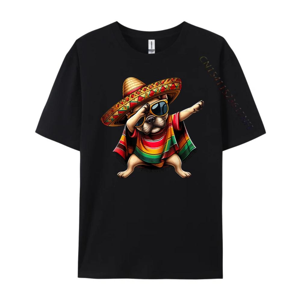 Dabbing Frenchie Dog Sombrero Mexican Poncho Cinco De Mayo Graphic T Shirts Men Cotton Camisetas Breathable