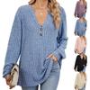 Женская модная однотонная свободная футболка с длинными рукавами и V-образным вырезом на пуговицах