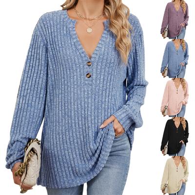 Женская модная однотонная свободная футболка с длинными рукавами и V-образным вырезом на пуговицах