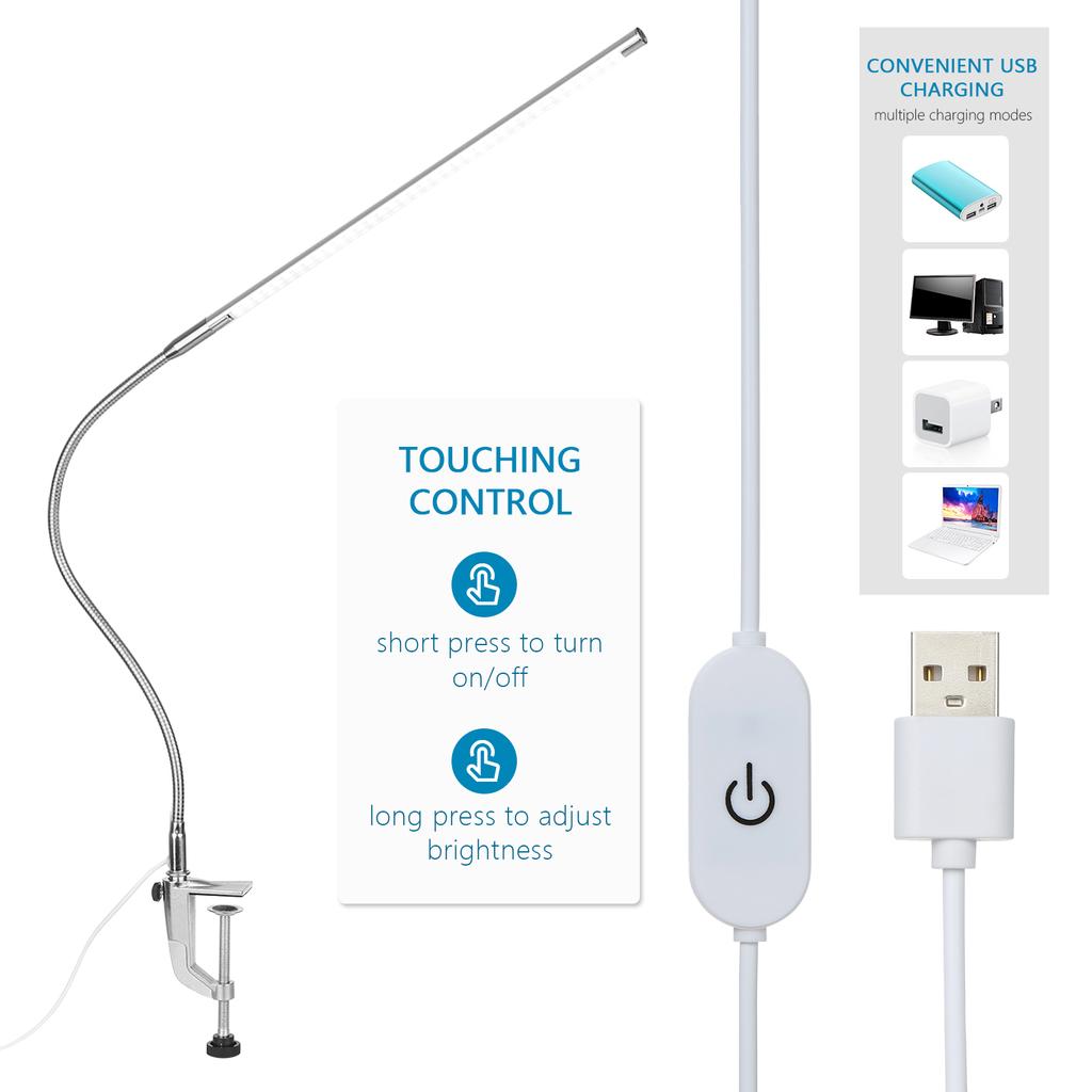 Настольная лампа с USB-клипсой Белое освещение Сенсорное управление Светодиоды с регулируемой яркостью Лампа для чтения Гибкое освещение