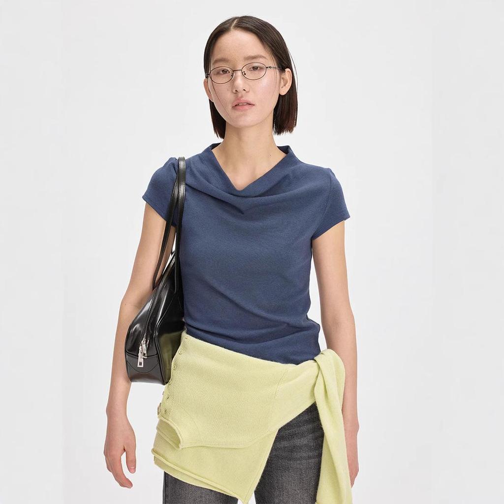 Love & Nancy 2025 Весна Однотонная Футболка С Коротким Рукавом и Воротником-Отложным Воротником Для Женщин