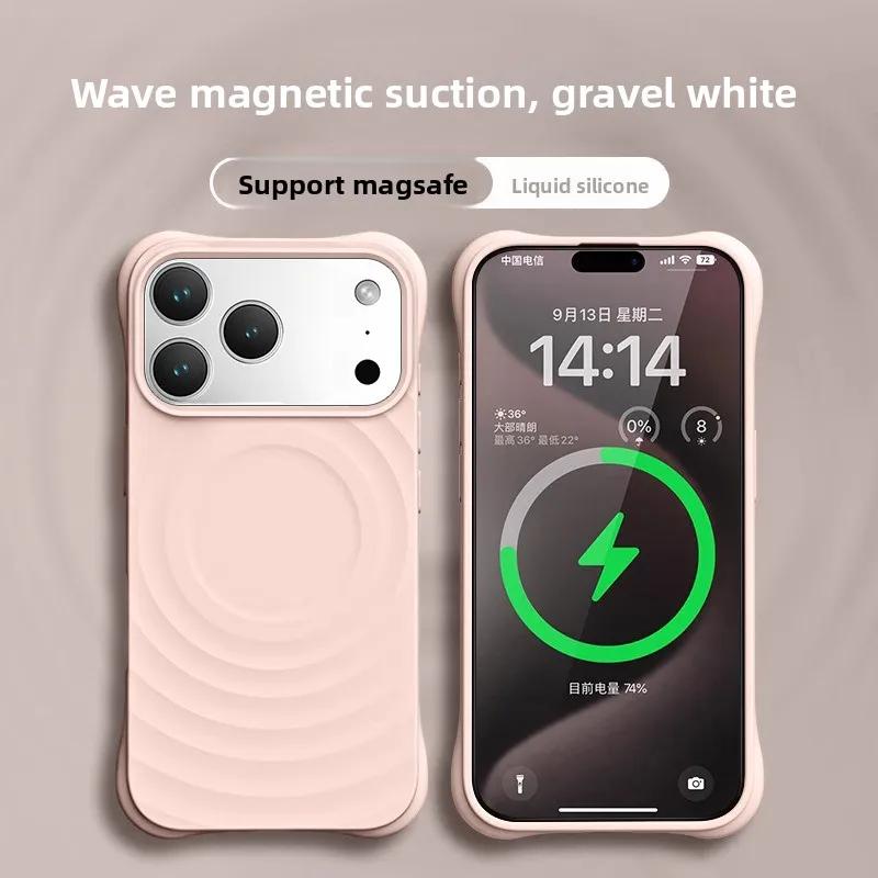 Высококачественный чехол однотонный для IPhone 17 16 15 14 13 Air Pro Max Для Magsafe Жидкий силикон Волнообразный рисунок Защита от царапин
