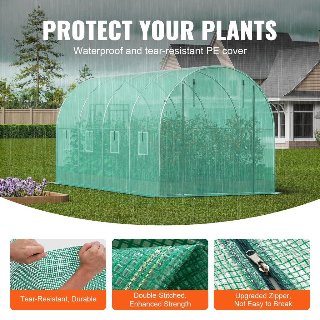 VEVOR Walk-in Tunnel Greenhouse, 14.6x6.4x6.3 ft Hoop House Greenhouse Tunnel, Plant Hot House with Galvanized Steel Frame, Green PE Cover