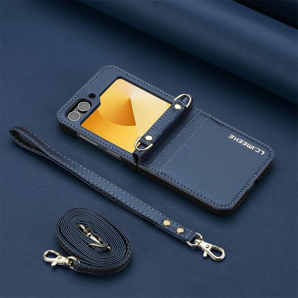 Чехол-кошелек через плечо для Samsung Galaxy Z Flip 6 5 4 3 Flip6 Flip5 Flip4 Flip3 5G Держатель для карт Ремешок на руку Шнурок Кожаный чехол