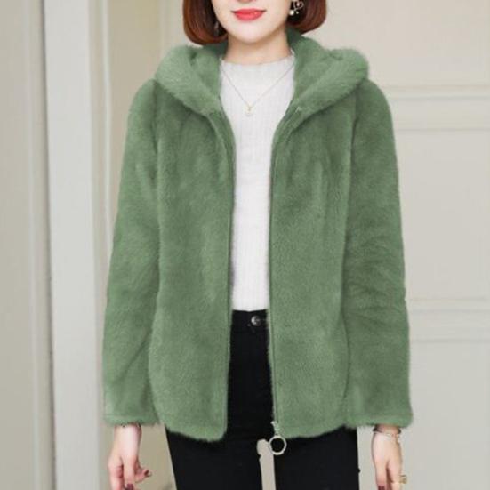 Women Winter Coat Double-sided Thick Cozy Plush Hooded Long Sleeves Zipper Closure Solid Color Cardigan Loose Jacket Outerwear