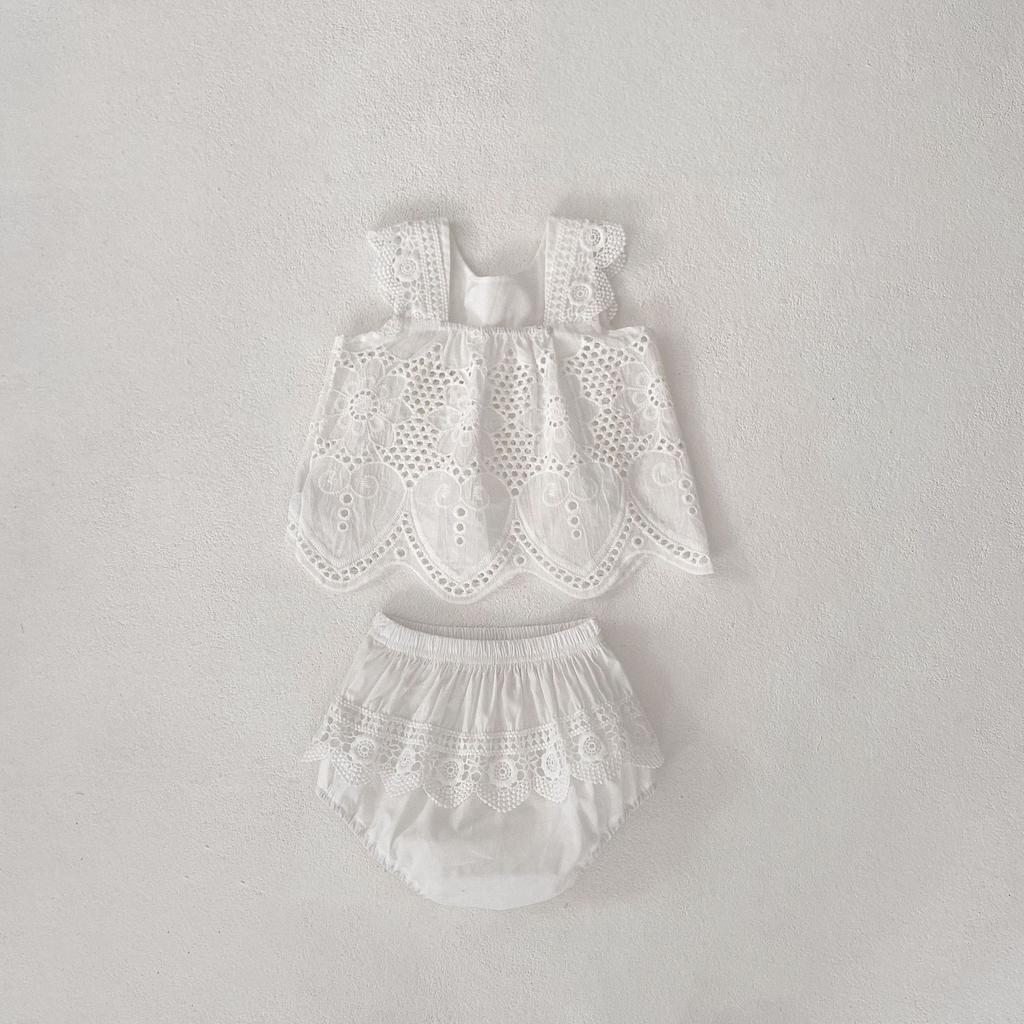 Summer New Fashionable Versatile Set Clothing for Infants and Girls, Round Neck Sleeveless Lace Spliced Sleeveless Top+Clear Col