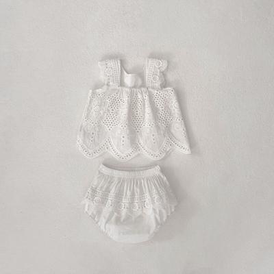 Летний Новый Модный Универсальный Комплект Одежды для Младенцев и Девочек, Топ без рукавов с круглым вырезом и кружевной отделкой + Прозрачный Кол