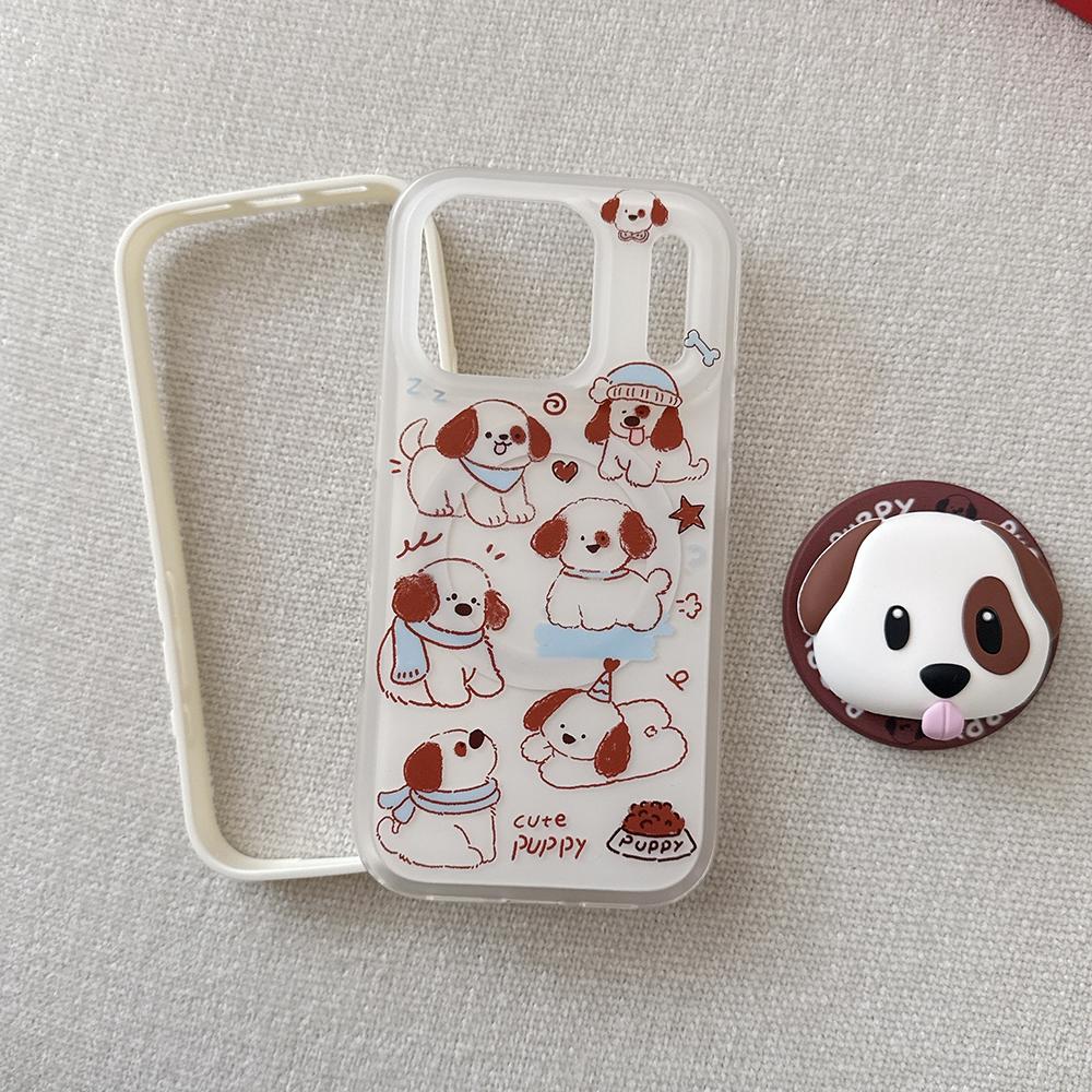 2 IN 1 Cute Puppy Cartoon Magnetic Grip Tok Phone Case for iPhone 17 Pro Max 15 14 16 Wireless Charge Funny Cover for Magsafe