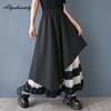 Plus Size Spring Summer Women Black Midi Skirt Elastic Waist Patchwork Irregular Mesh Skirt Stylish Elegant Chic Ruffles Ladies' Skirts