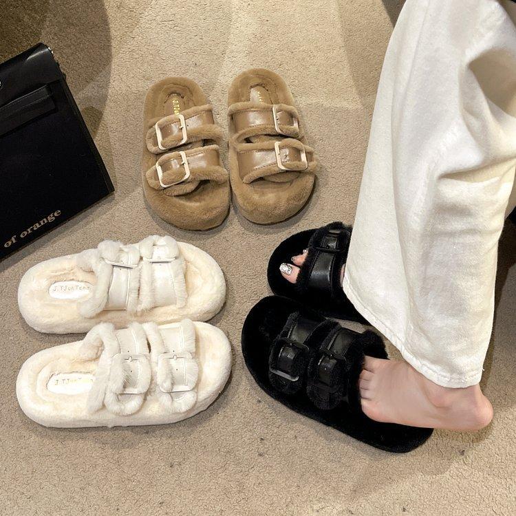 Пряжка белые пушистые тапочки на толстой подошве женская обувь носить новый интернет знаменитость теплая кекс одно слово плюшевые хлопковые швабры