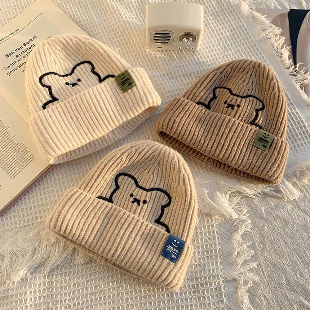 Stripe All-match Winter Embroidered Bear Knitted Hat Korean Style Caps Wool Hat Women Beanies