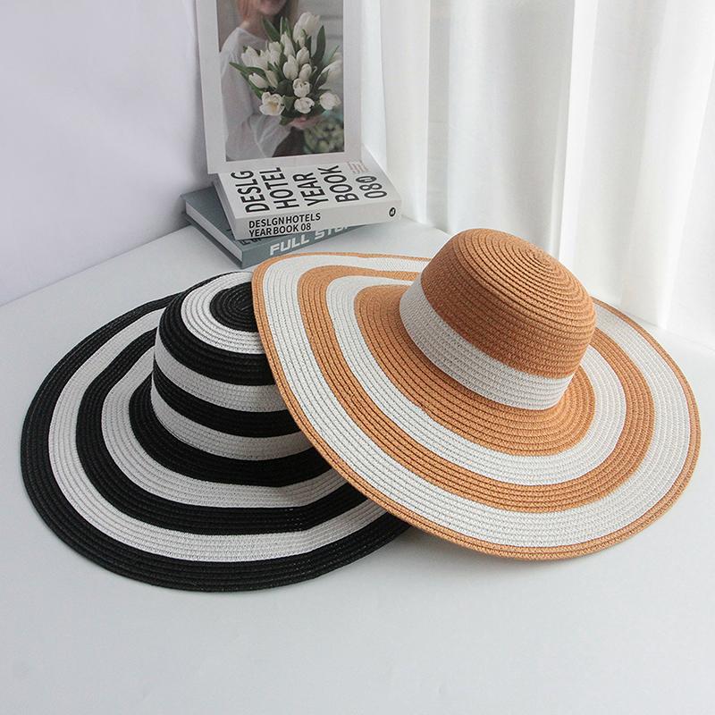 Летняя женская соломенная шляпа с широкими полями в полоску от солнца - дышащая, складная, универсальная, для активного отдыха, платья для женщин
