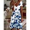 Женское повседневное платье - Летнее платье с короткими рукавами и синим цветочным принтом для отпуска