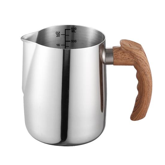 600/1000ML Milk Frothing Pitcher with Precise Scale Wooden Handle Dripless Spout Stainless Steel Latte Coffee Cup Milk