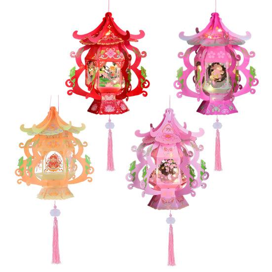Handmade Chinese Traditional Lantern Kit Handcrafted Handheld 3D Hollow Chinese Palace Lantern with Lotus Tassel for Spring Festival Decoration