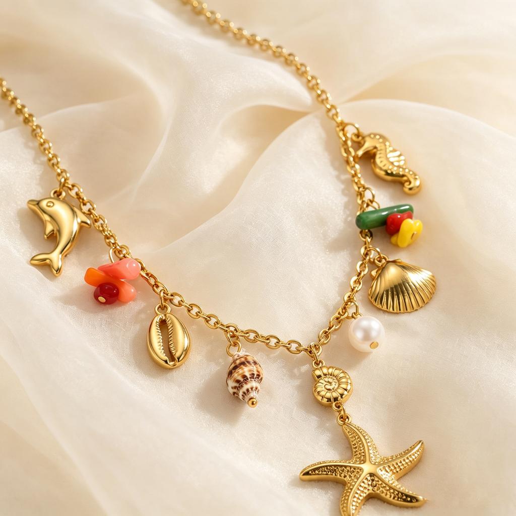 Boho Starfish Conch Pendant Necklace for Women 18K Gold Plated Stainless Steel Waterproof Ocean Style Summer Charm Jewelry