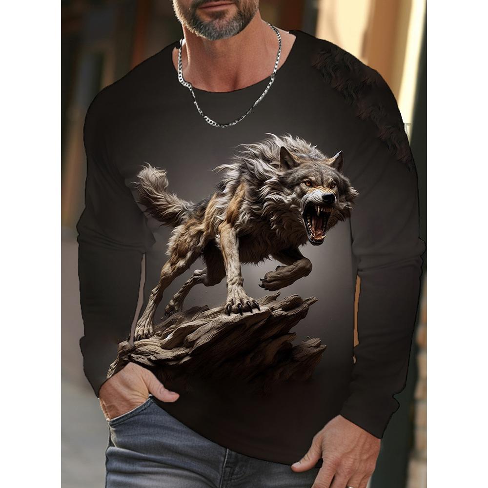 Мужская футболка с длинным рукавом с 3D-принтом волчьей стаи 2025 года, уличный стиль, мужской теплый топ для осени и зимы, повседневная мужская рубашка