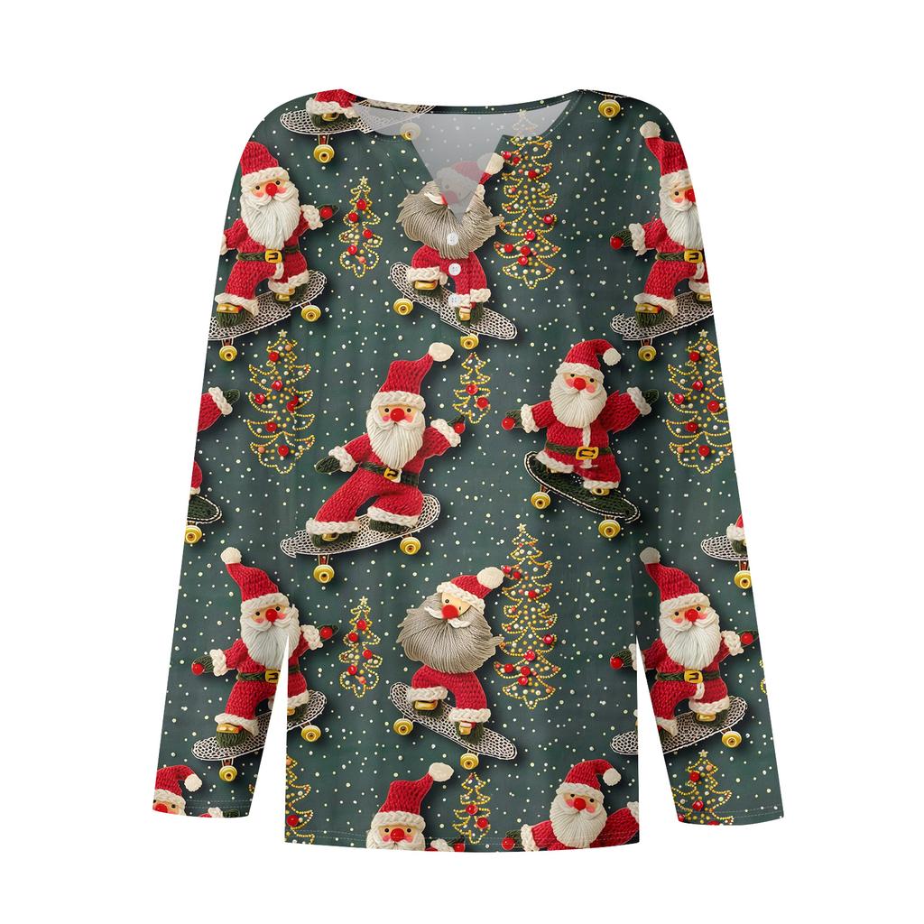 Женская модная повседневная футболка с V-образным вырезом, на пуговицах, с длинным рукавом, с рождественским принтом