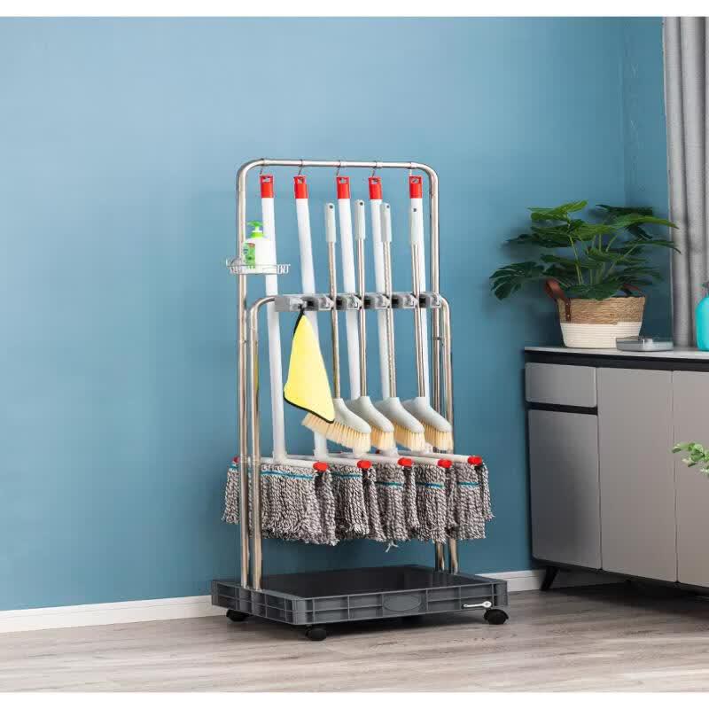 MDNG Rolling Mop and Broom Holder with Storage Basin